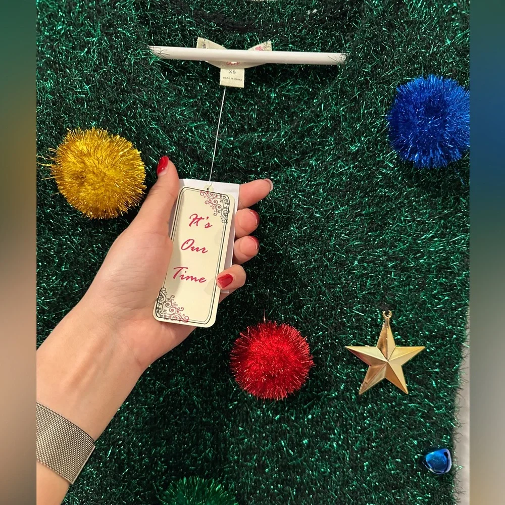 Ugly Christmas sweater dress green tinsel with ornaments - Picture 2 of 4